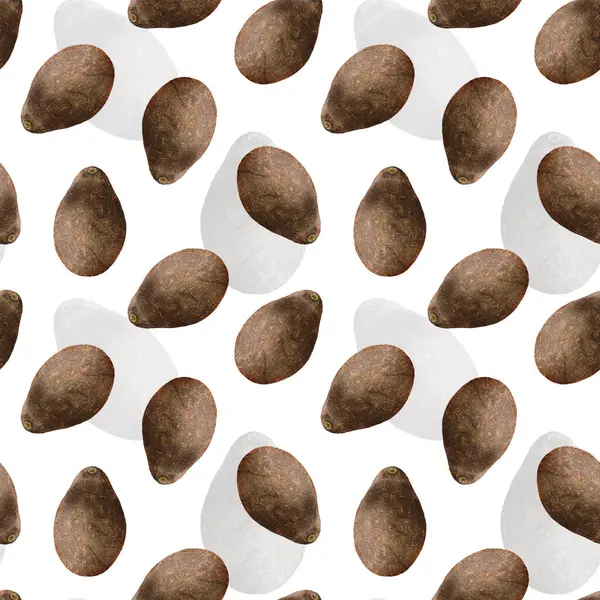 Suluboya avokado deseni. Kahverengi Haass avokado ile kusursuz desen. Gıda ambalajı, menü tasarımı ve kırtasiye malzemeleri için tasarım. Örgü arkaplanındaki avokado