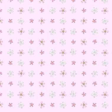 Çiçek deseni. Vahşi kır çiçekli, pembe çiçekli kusursuz bir desen. Çiçek açar. Çizim ve renk tarzında illüstrasyon. Çizgi ve karalama. Tekstil, ambalaj, kağıt, hatıra defteri için yaz tasarımı