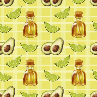 Suluboya avokado deseni. Avokado ve limonlu kusursuz desen ve örgü arka planında bir şişe yağ. Bir dilim limon ve bir taşla yarım avokado. Yiyecek ambalajı için tasarım