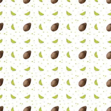 Suluboya avokado deseni. Kahverengi Haass avokado ve limonlu turunçgil desenli. Limon dilimi. Gıda ambalajı, menü tasarımı ve kırtasiye malzemeleri için tasarım. Noktalı beyaz bir arkaplanda avokado