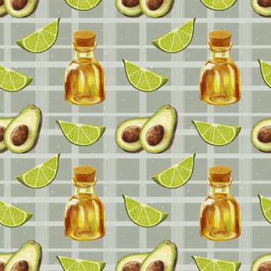 Suluboya avokado deseni. Avokado ve limonlu kusursuz desen ve örgü arka planında bir şişe yağ. Bir dilim limon ve bir taşla yarım avokado. Yiyecek ambalajı için tasarım