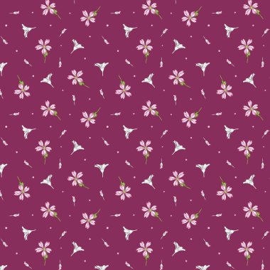 Çiçek deseni. Vahşi kır çiçekli, pembe çiçekli kusursuz bir desen. Çiçek açar. Çizim ve renk tarzında illüstrasyon. Çizgi ve karalama. Tekstil, ambalaj ve kağıt için yaz tasarımı