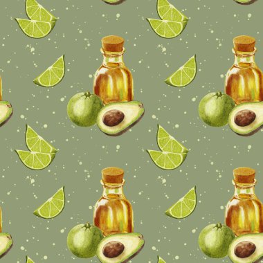 Suluboya avokado deseni. Avokado ve limonlu kusursuz desen ve suluboya lekeli bir şişe yağ. Bir dilim limon ve bir taşla yarım avokado. Yemek için tasarım