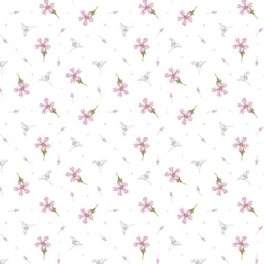 Çiçek deseni. Vahşi kır çiçekli, pembe çiçekli kusursuz bir desen. Çiçek açar. Çizim ve renk tarzında illüstrasyon. Çizgi ve karalama. Tekstil, ambalaj ve kağıt için yaz tasarımı
