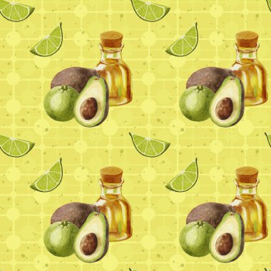 Suluboya avokado deseni. Avokado ve limonlu kusursuz desen ve örgü arka planında bir şişe yağ. Bir dilim limon ve bir taşla yarım avokado. Yiyecek ambalajı için tasarım