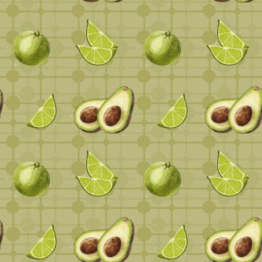 Suluboya avokado deseni. Avokado ve limonlu turunçgillerin kusursuz deseni. Limon dilimi. Gıda ambalajı, menü tasarımı ve kırtasiye malzemeleri için tasarım. Örgü arkaplanındaki avokado