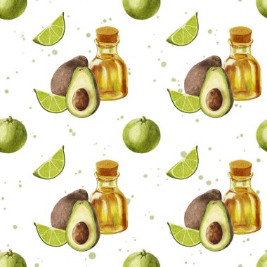 Suluboya avokado deseni. Avokado ve limonlu kusursuz desen ve suluboya lekeli bir şişe yağ. Bir dilim limon ve bir taşla yarım avokado. Yemek için tasarım