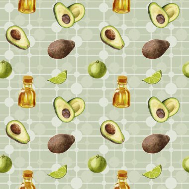 Suluboya avokado deseni. Avokado ve limonlu kusursuz desen ve örgü arka planında bir şişe yağ. Bir dilim limon ve bir taşla yarım avokado. Yiyecek ambalajı için tasarım