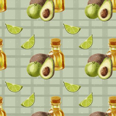 Suluboya avokado deseni. Avokado ve limonlu kusursuz desen ve örgü arka planında bir şişe yağ. Bir dilim limon ve bir taşla yarım avokado. Yiyecek ambalajı için tasarım
