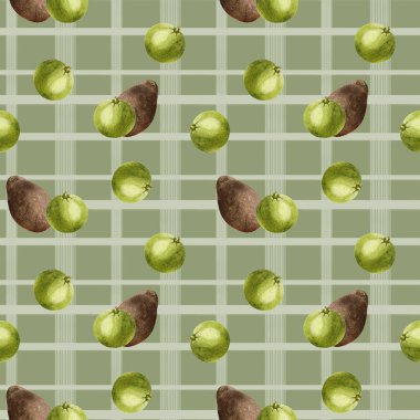Suluboya avokado deseni. Kahverengi Haass avokado ve limonlu turunçgil desenli. Gıda ambalajı, menü tasarımı ve kırtasiye malzemeleri için tasarım. Örgü arkaplanındaki avokado