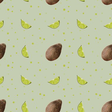 Suluboya avokado deseni. Kahverengi Haass avokado ve limonlu turunçgil desenli. Limon dilimi. Gıda ambalajı, menü tasarımı ve kırtasiye malzemeleri için tasarım. Noktalı beyaz bir arkaplanda avokado