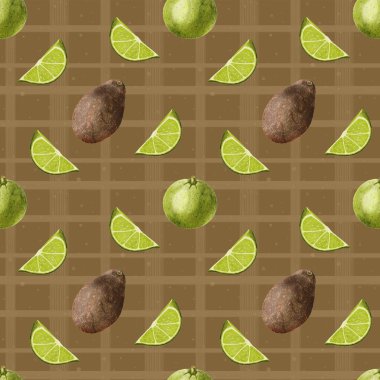 Suluboya avokado deseni. Kahverengi Haass avokado ve limonlu turunçgil desenli. Limon dilimi. Gıda ambalajı, menü tasarımı ve kırtasiye malzemeleri için tasarım. Örgü arkaplanındaki avokado