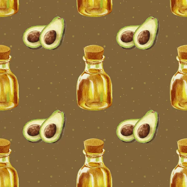 Suluboya avokado deseni. Avokado ve arka planda suluboya lekeleri olan bir şişe yağla kusursuz desen. Bir şişe yağ ve yarım şişe de taşlı avokado. Yiyecek ambalajı için tasarım