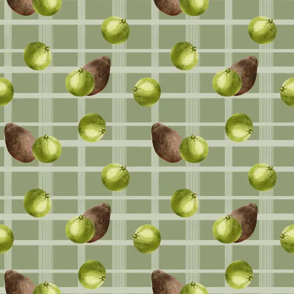 Suluboya avokado deseni. Kahverengi Haass avokado ve limonlu turunçgil desenli. Gıda ambalajı, menü tasarımı ve kırtasiye malzemeleri için tasarım. Örgü arkaplanındaki avokado