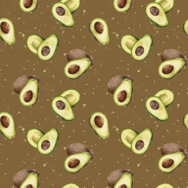 Suluboya avokado, arka plan. Suluboya avokado deseni. Meyve, sebze. Kahverengi, olgun bir avokadonun yarısı ve bir taş. Yiyecek ambalajı, kırtasiye ve duvar kağıdı için tasarım