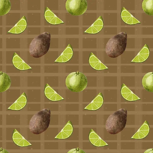 Suluboya avokado deseni. Kahverengi Haass avokado ve limonlu turunçgil desenli. Limon dilimi. Gıda ambalajı, menü tasarımı ve kırtasiye malzemeleri için tasarım. Örgü arkaplanındaki avokado