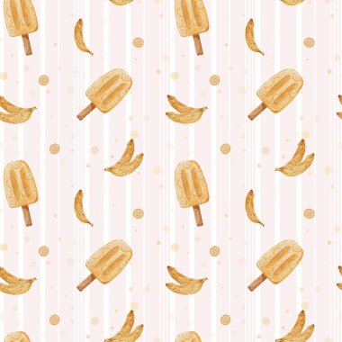 Çizgili Yaz Dondurma Arkaplanı. Muzlu meyveli dondurmayla kusursuz suluboya deseni. Menü ve tekstil, ambalaj, hatıra defteri ve kırtasiye için tasarım.