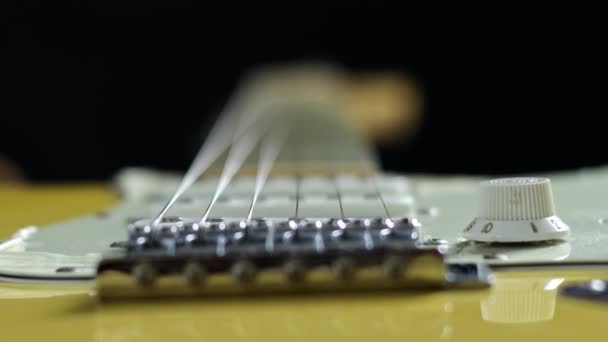 Macro Shot String Electric Guitar Reveals Intricate Details Vintage Yellow — Stockvideo