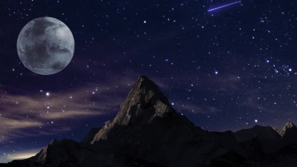 夜の山空に星と月がある ナイトファンタジー 美しい空 輝く星と空飛ぶ隕石 高品質の4K映像 — ストック動画