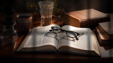 Açık bir İncil 'in sayfalarında, okuma gözlükleri akşam gölgesinde yatıyor. Kitap, sade bir atmosferde, ahşap bir masada uzanıyor. Huzur hissi uyandırıyor.