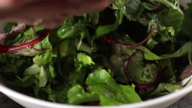 Canlı ve renkli bir salata karışımı. Taze sebzeler bir kasede güzelce yerleştirilmiş. Sağlıklı yemekler için ideal.