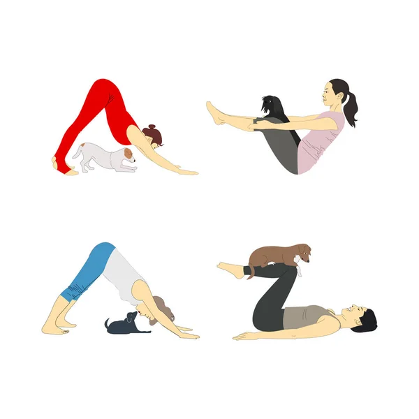 Yoga Avec Des Chiens Isolés Sur Blanc — Image vectorielle