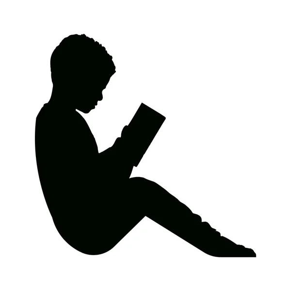 Schwarze Silhouette Eines Jungen Beim Lesen Eines Buches Auf Weißem — Stockvektor