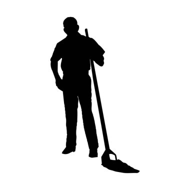 Siyah silueti olan beyaz arka planda paspası olan bir adam.