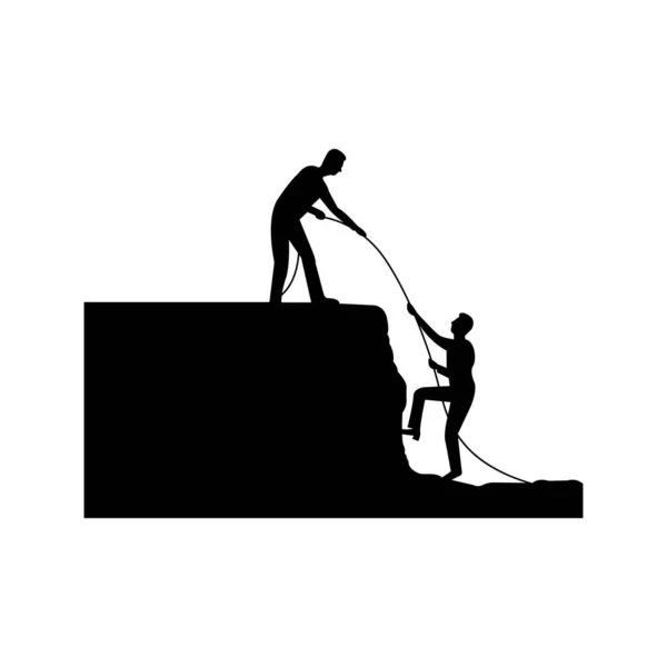 Два Чоловіки Піднімаються Скелю Мотузкою Чорний Силует Ізольовані Білому Тлі — стоковий вектор