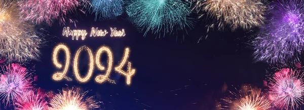 Gelukkig Nieuwjaar 2024 Vuurwerk Stadsgezicht Gebouw Buurt Van Zee Nachts — Stockfoto