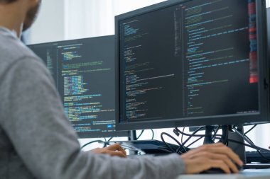 Ofiste bilgisayar monitörünün önünde duran yazılım verisi ile Asyalı komut mühendisi kodlama uygulaması