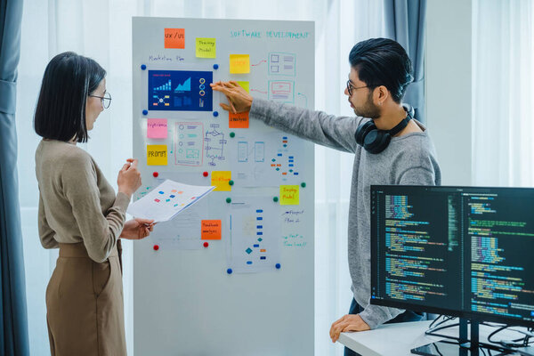 Developer team present project interface design with board and solving problem at office