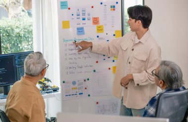 Kıdemli programcı bot kampı, Asyalı genç eğitmen kıdemli öğrencilere beyaz tahtadaki bir programlama, algoritma düşünme ve basit kod alıştırmaları yoluyla rehberlik ediyor.