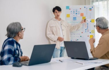 Kıdemli programcı bot kampı, Asyalı genç eğitmen kıdemli öğrencilere beyaz tahtadaki bir programlama, algoritma düşünme ve basit kod alıştırmaları yoluyla rehberlik ediyor.