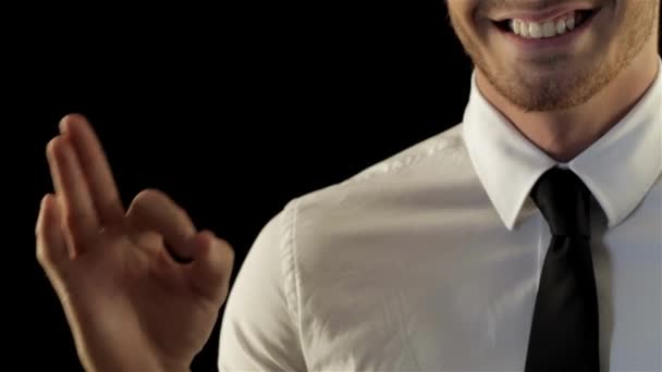 Caucasian Man Gesturing Okay Isolated Black Background Male Model Folding — Stock Video