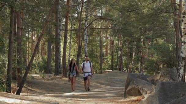 Para Romantyczny Piesze Spacery Lesie Długie Ujęcie Kaukaski Mężczyzna Kobieta — Wideo stockowe