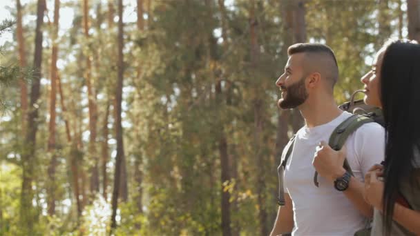 吸引男性的徒步旅行者显示正确的方式向他的女朋友在森林 在他们肩上的背包不错的徒步旅行夫妇的侧面图 仰视的黑发女孩 — 图库视频影像