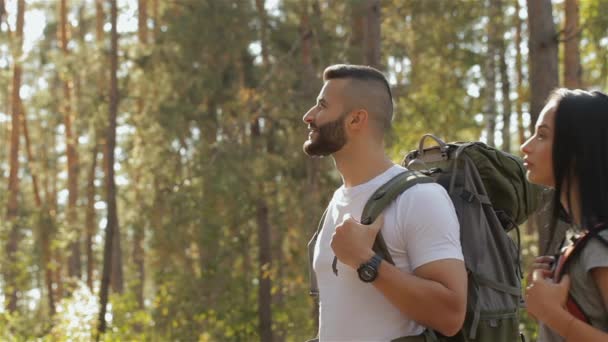 Skäggiga Manliga Hiker Pekar Handen Uppåt Slow Motion Vandring Par — Stockvideo