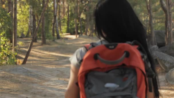 Kobiece Wycieczkowicz Odwracając Się Lesie Ładna Brunetka Dziewczyna Włączenie Kamery — Wideo stockowe