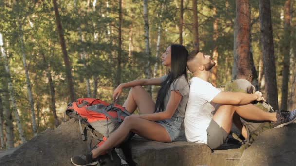 Piękna Para Turystów Powrotem Tyłu Siedzi Skale Młody Mężczyzna Kobieta — Wideo stockowe