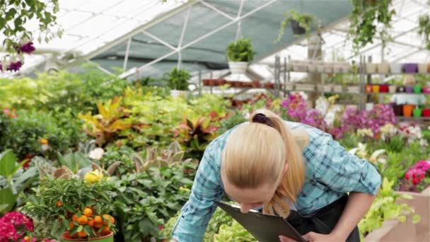Young Female Florist Recording Data Garden Centre Attractive Blond Woman — Stock Video