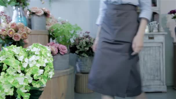 매력적인 Squating의 꽃다발 꽃병에 여자는 — 비디오