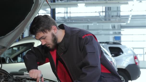 Mechanik Przekręcając Klucz Pod Tamborka Samochodu Samochodowe Specjalistyczne Naprawy Samochodu — Wideo stockowe