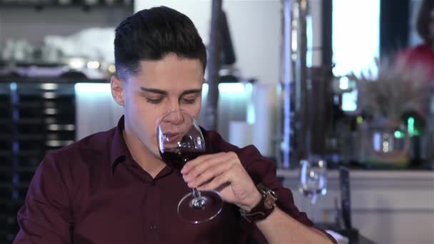 Pria Kaukasia Yang Menarik Minum Anggur Merah Restoran Tampan Pria — Stok Video