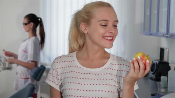 Close Attractive Young Woman Looking Red Apple Her Hand Dental — Stock Video