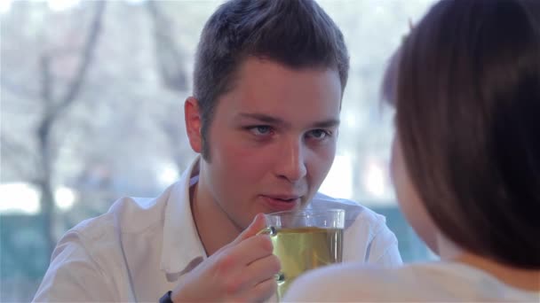 Close Young Man Cooling His Green Tea Caucasian Man Blowing — Stock Video