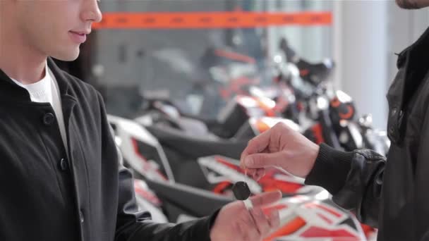 Close Salesman Giving Motorcycle Key Client Buyer Dressed Black Jacket — Stock Video