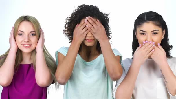 Não Ouvir Não Ver Não Falar Conceito Três Meninas Exibem — Vídeo de Stock