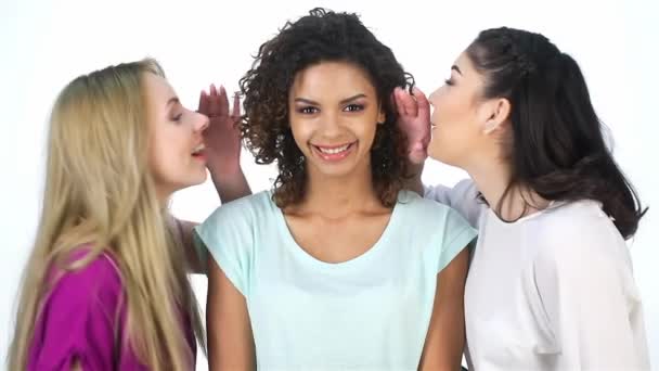 Kızlar Fısıltı Kulak Kız Gülüyor Kız Beyaz Bir Arka Plan — Stok video