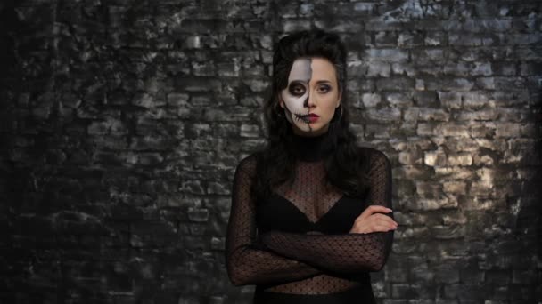 Beautiful Woman Make Skeleton Posing Black Background Brick Wall Halloween — Stock Video